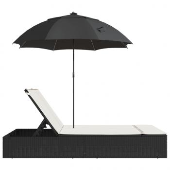 Doppel-Sonnenliege mit Kissen&Sonnenschirm Schwarz Poly Rattan