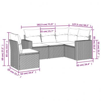 5-tlg. Garten-Sofagarnitur mit Kissen Hellgrau Poly Rattan