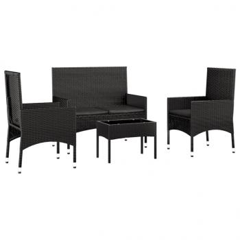 4-tlg. Garten-Lounge-Set mit Kissen Schwarz Poly Rattan