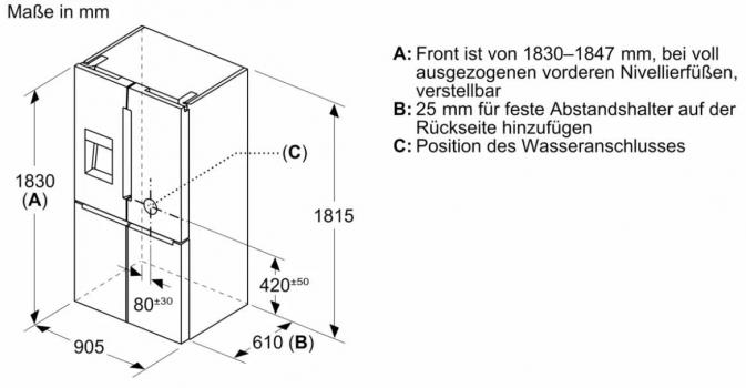 Bosch KFD96APEA Serie 6 Stand Kühl-Gefrierkombination, 90,5 cm breit, 574 L, Full No Frost, Eis-/Wasserspender, Wassertank, EcoMode, Home Connect, Gebürsteter Stahl AntiFingerprint