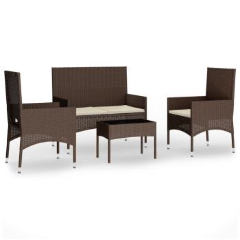 4-tlg. Garten-Lounge-Set mit Kissen Braun Poly Rattan