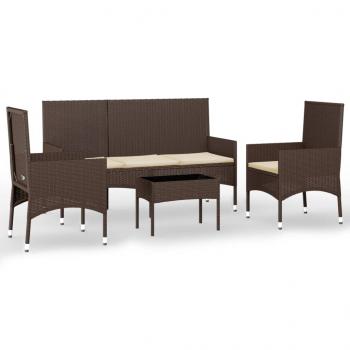 4-tlg. Garten-Lounge-Set mit Kissen Braun Poly Rattan