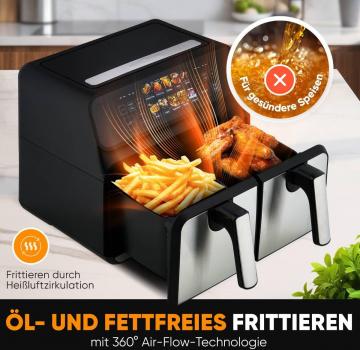 ProfiCook PC-FR 1287 H Doppel-Heißluft-Fritteuse, Kapazität: ca. 2x 4,0 Liter = 8,0 Liter, 2 unabhängige Garzonen, schwarz