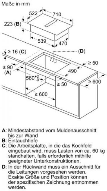 Bosch PVQ711HGA7 Serie 6 EEK:B Kochfeld mit Dunstabzug (HEZ9VDSB2 + PVQ711H26E), 70 cm breit, 500 m³/h, Induktion, Flachkanal, DirectSelect, rahmenlos aufliegend, schwarz