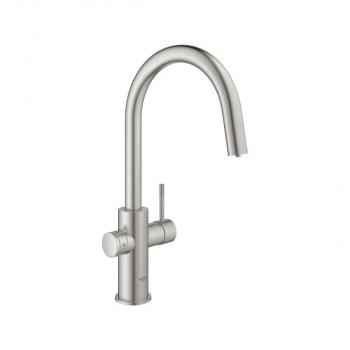 GROHE Blue Home Starter Kit, C-Auslauf, herausziehbarer Mousseurauslauf, bis 150° schwenkbar, supersteel (31541DC0)