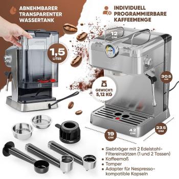 ProfiCook PC-ES-KA 1267 Espresso-Kaffeemaschine, 1100 W, 20 bar, 1,5 Wassertank, Edelstahl