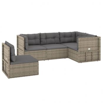 5-tlg. Garten-Lounge-Set mit Kissen Grau Poly Rattan