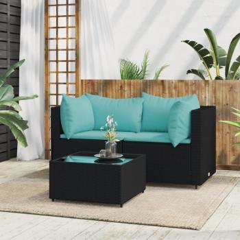 ARDEBO.de - 3-tlg. Garten-Lounge-Set mit Kissen Schwarz Poly Rattan