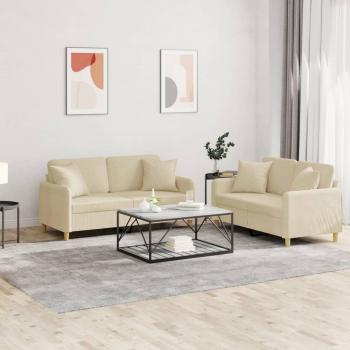 ARDEBO.de - 2-tlg. Sofagarnitur mit Kissen Creme Stoff