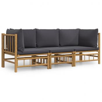 3-tlg. Garten-Lounge-Set mit Dunkelgrauen Kissen Bambus