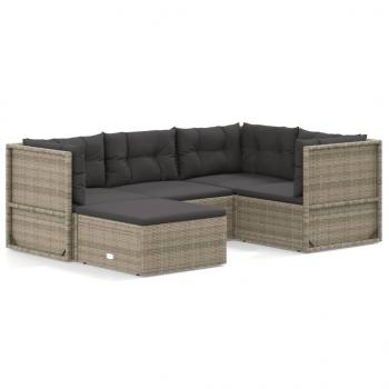 5-tlg. Garten-Lounge-Set mit Kissen Grau Poly Rattan