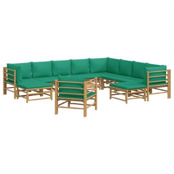 12-tlg. Garten-Lounge-Set mit Grünen Kissen Bambus