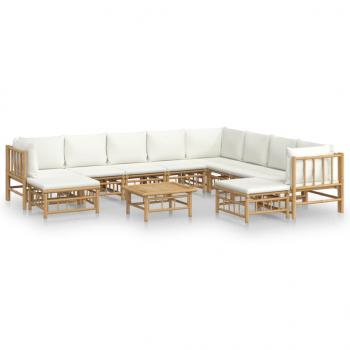 11-tlg. Garten-Lounge-Set mit Cremeweißen Kissen Bambus