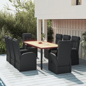 ARDEBO.de - 9-tlg. Garten-Essgruppe Schwarz Poly Rattan & Massivholz Akazie