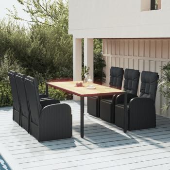 ARDEBO.de - 7-tlg. Garten-Essgruppe Schwarz Poly Rattan & Massivholz Akazie