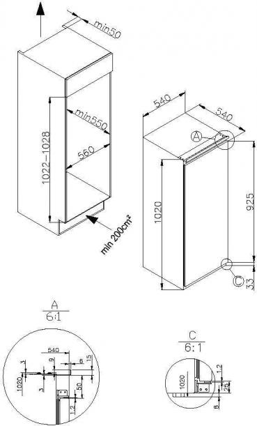 Amica EKSS 361 216 Einbau-Kühlschrank mit Gefrierfach, Nischenhöhe: 102 cm, 140 L, Schlepptür-Technik, elektronische Steuerung, Tür-Offen-Alarm, Inverter Kompressor, weiß (1195079)