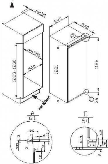 Amica EVKSS 352 221 Einbau-Vollraum-Kühlschrank, Nischenhöhe: 122 cm, 197 L, Schlepptür-Technik, elektronische Steuerung, Tür-Offen-Alarm, Inverter Kompressor, Flaschenablage, weiß (1195084)