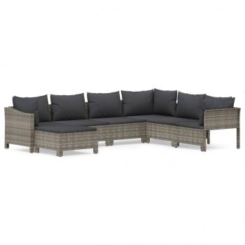 7-tlg. Garten-Lounge-Set mit Kissen Grau Poly Rattan