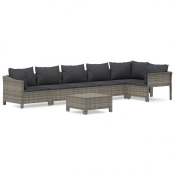 7-tlg. Garten-Lounge-Set mit Kissen Grau Poly Rattan