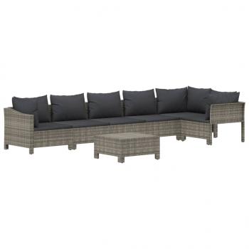 7-tlg. Garten-Lounge-Set mit Kissen Grau Poly Rattan