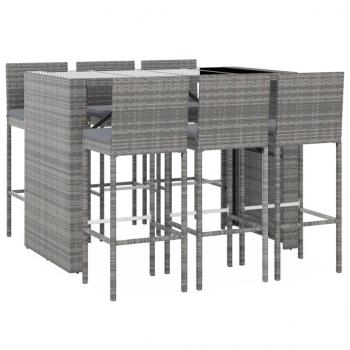 7-tlg. Gartenbar-Set mit Kissen Grau Poly Rattan