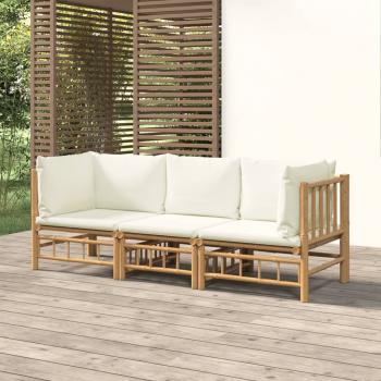 ARDEBO.de - 3-tlg. Garten-Lounge-Set mit Cremeweißen Kissen Bambus