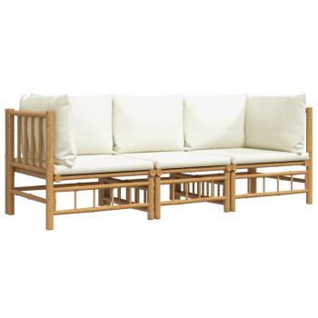 3-tlg. Garten-Lounge-Set mit Cremeweißen Kissen Bambus