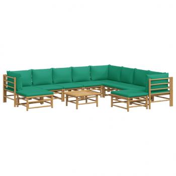 11-tlg. Garten-Lounge-Set mit Grünen Kissen Bambus