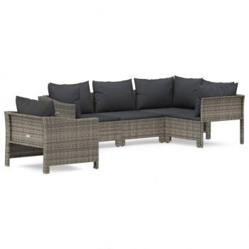 5-tlg. Garten-Lounge-Set mit Kissen Grau Poly Rattan