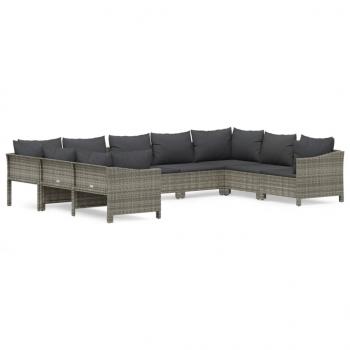 9-tlg. Garten-Lounge-Set mit Kissen Grau Poly Rattan