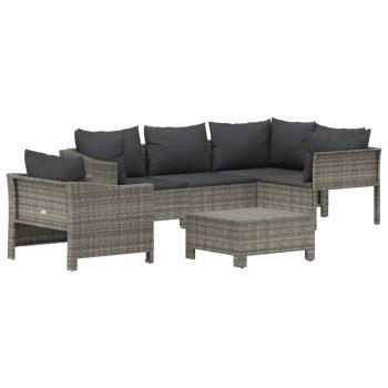 6-tlg. Garten-Lounge-Set mit Kissen Grau Poly Rattan