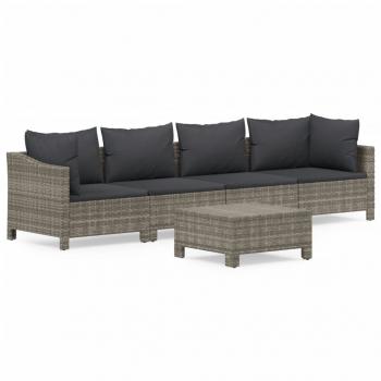 5-tlg. Garten-Lounge-Set mit Kissen Grau Poly Rattan