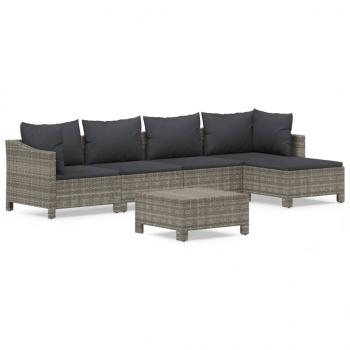 6-tlg. Garten-Lounge-Set mit Kissen Grau Poly Rattan