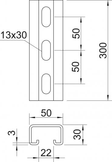 OBO Bettermann MS5030P0300FT Profilschiene, gelocht, Schlitzweite 22mm, 30x50x300mm, Stahl (1121243)