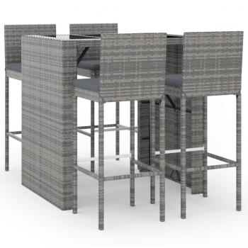 5-tlg. Gartenbar-Set mit Kissen Grau Poly Rattan