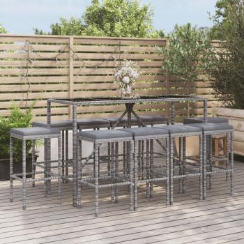 ARDEBO.de - 11-tlg. Gartenbar-Set mit Kissen Grau Poly Rattan