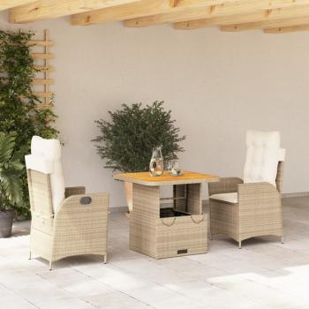 ARDEBO.de - 3-tlg. Garten-Essgruppe mit Kissen Beige Poly Rattan