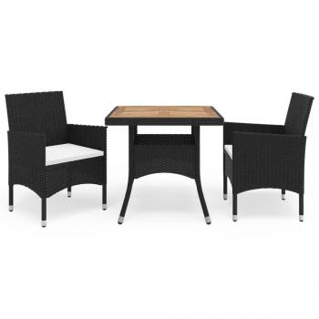 ARDEBO.de - 3-tlg. Garten-Essgruppe Poly Rattan und Massivholz Schwarz