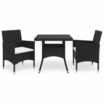 ARDEBO.de - 3-tlg. Garten-Essgruppe Poly Rattan und Hartglas Schwarz