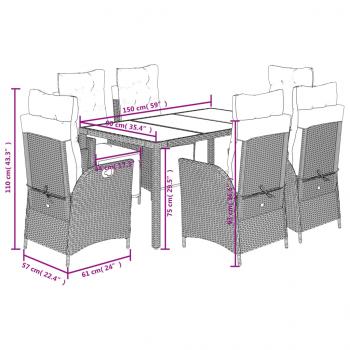 7-tlg. Garten-Essgruppe mit Kissen Grau Poly Rattan