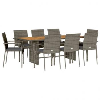 9-tlg. Garten-Essgruppe mit Kissen Grau Poly Rattan