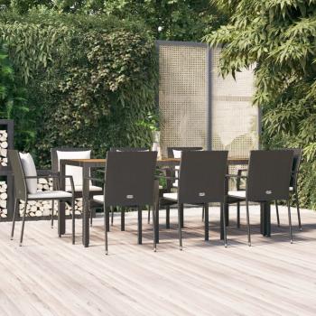 ARDEBO.de - 9-tlg. Garten-Essgruppe mit Kissen Schwarz Poly Rattan