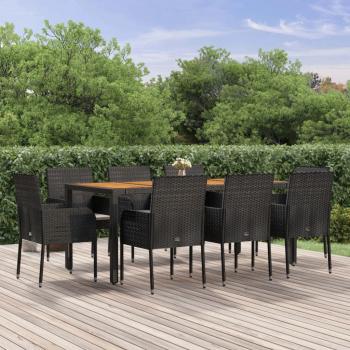 ARDEBO.de - 9-tlg. Garten-Essgruppe mit Kissen Schwarz Poly Rattan