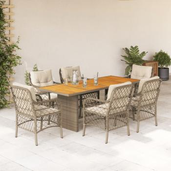 ARDEBO.de - 7-tlg. Garten-Essgruppe mit Kissen Beige Poly Rattan