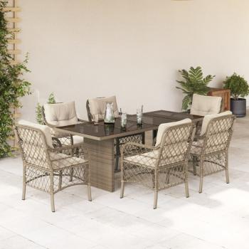 ARDEBO.de - 7-tlg. Garten-Essgruppe mit Kissen Beige Poly Rattan