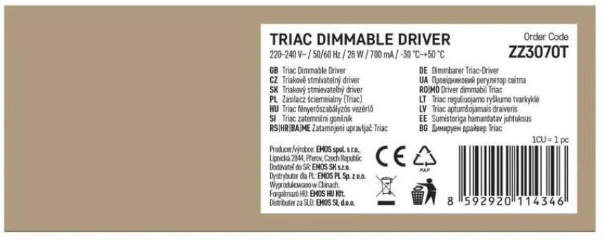 EMOS ZZ3070T Triac dimmbarer Treiber für LED-Leuchte, 700mA, 28W (1560030700)