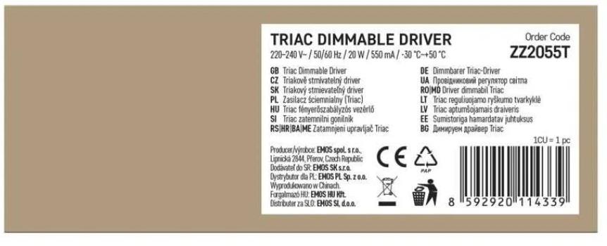 EMOS ZZ2055T Triac dimmbarer Treiber für LED-Leuchte, 550mA, 20W (1560020550)