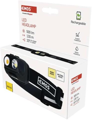 EMOS 1441317000 COB LED aufladbare Stirnlampe P3542, 500lm, 130m, Li-pol 1200mAh, schwarz