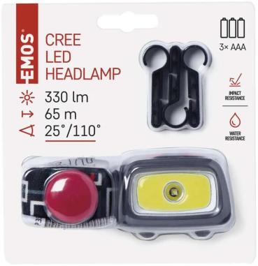 EMOS CREE P3531 LED + COB LED Stirnlampe P3531, 330lm, 65m, für 3xAAA, grau (1441233110)