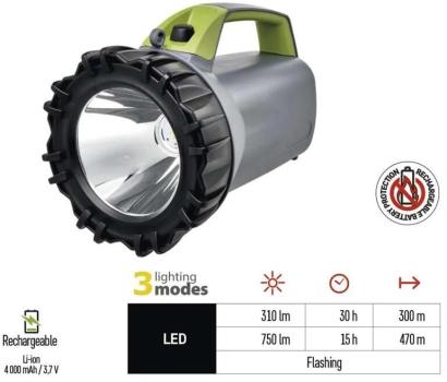 EMOS 1450000380 LED aufladbare Lampe P2312, 750lm, 4000mAh, grau-schwarz-grün